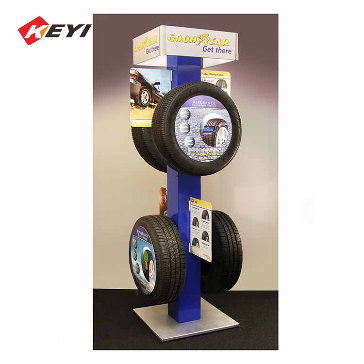 showroom metal freestanding tire display stand with brochure holder,top led lighting