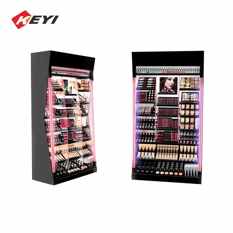 custom metal flooring cosmetic display stand with LED lighting