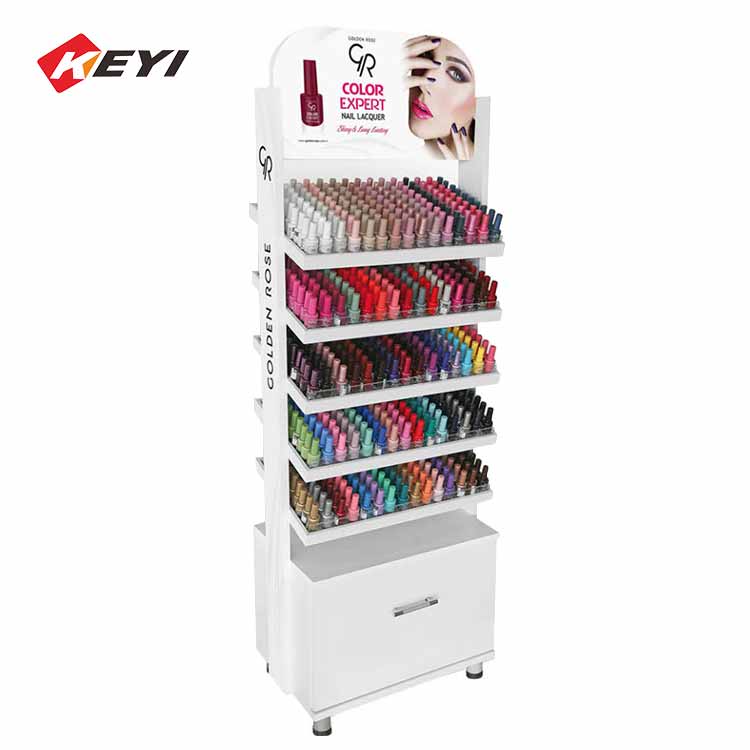 fashion 5 tier metal storage shelf floor nail polish display rack with PVC AD board logo sticker