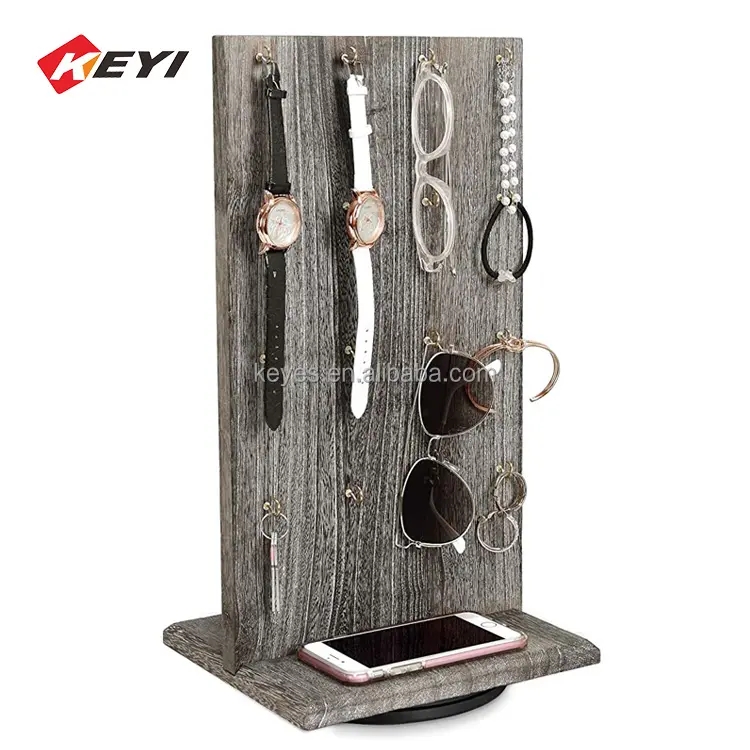 Wooden Rotating Two-Sided Jewelry Display Stand Earring Display KeyChain Display rack with hooks