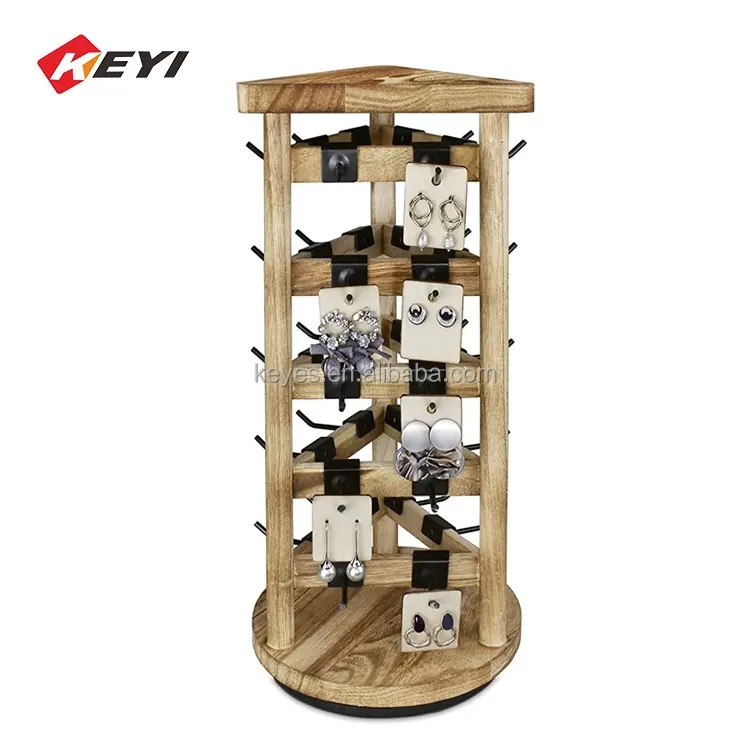 custom shop jewelry accessories earrings square 3 side wooden rotating display stand Jewelry display stands for store