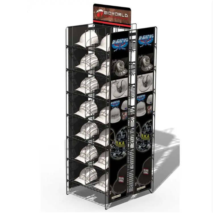commercial hat stnad for shop floor standing cap display racks hat floor display shelf metal