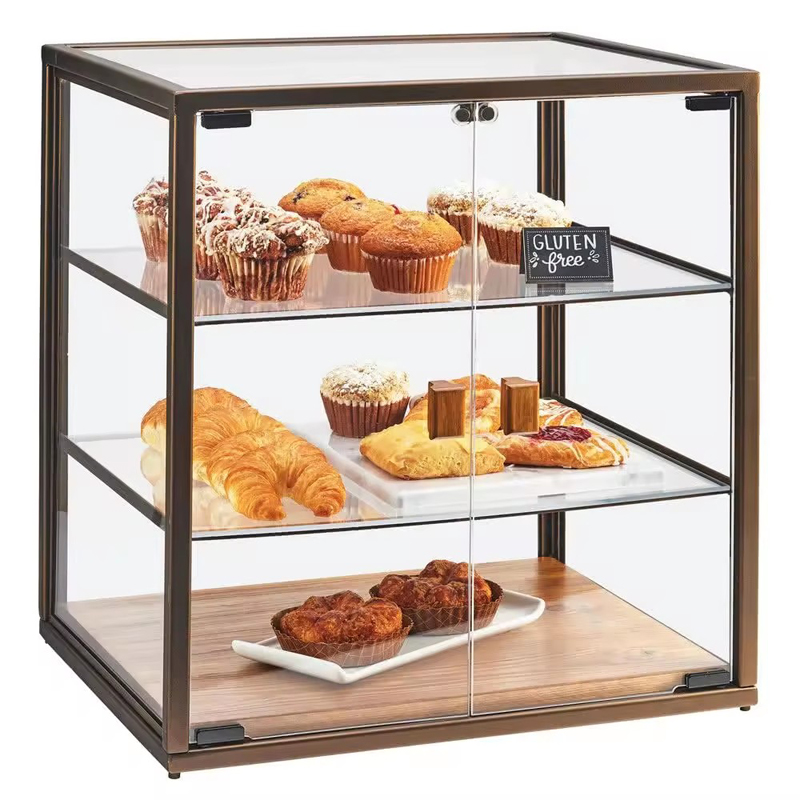 Desktop Glass Cake Display Rack Cake Bakery Acrylic  Display Stand Wooden Base Acrylic Bakery Display Cabinet