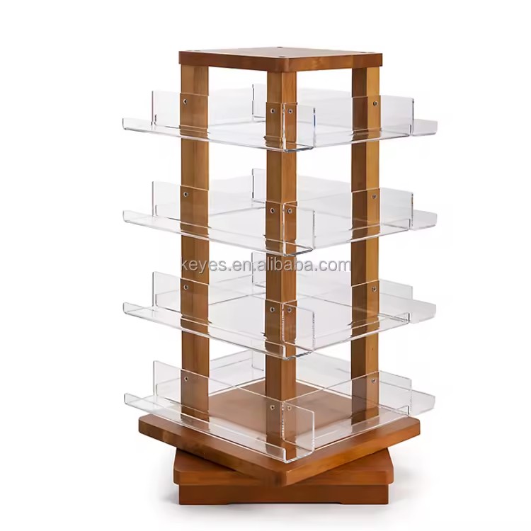 Retail Flower Store 4 Side Pegboard Style Disassemble  Card Rotating Display Rack Postcard Acrylic Wooden Rotating Display Stand
