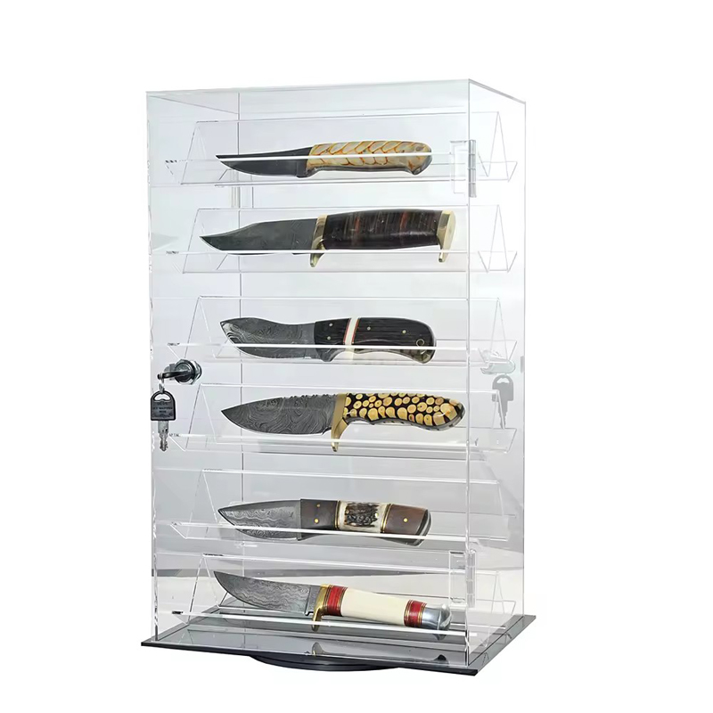 360 degrees Rotating Acrylic Knife Display Stand Case with lock and key display rack