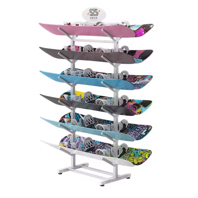 Display Stand Black Metal Snowboard Customized Logo Displaying Shlef With Wheel Display Rack For Sample Of Wood Scooter