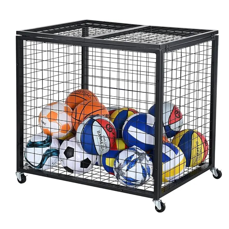 Rolling Sports Ball Storage Cart Metal Display Stand Lockable Basketball Cage Steel Storage Display Rack for Garages  Playgroup Gym Schools