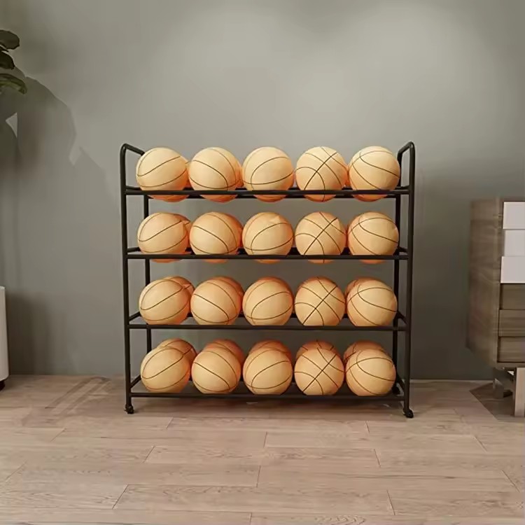 4-Tier Black Iron Basketball Rack Metal Foldable Storage Garage Ball Holder with Wheels for Sports Equipment